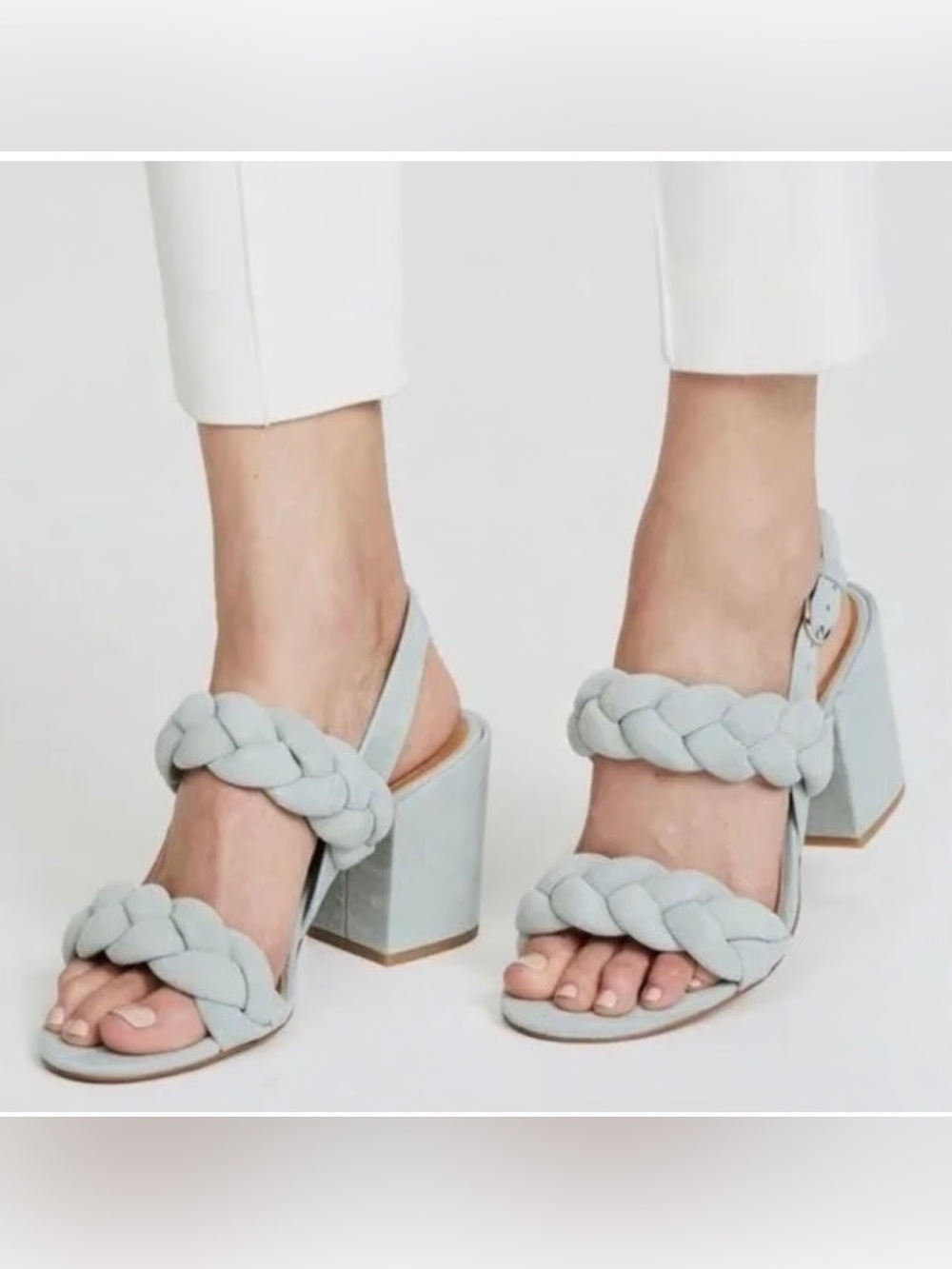 Rebecca Minkoff Candace suede braided heeled sandals in a light blue/dusty green
